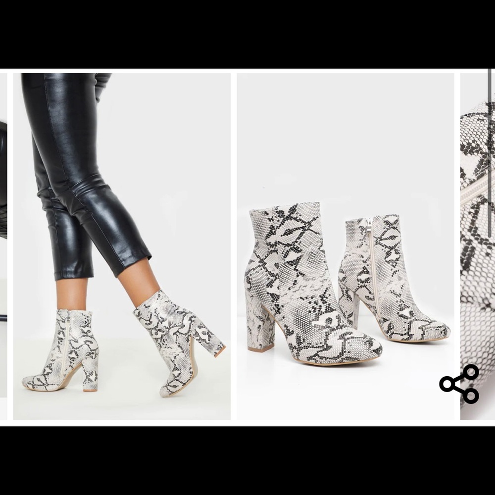 PrettyLittleThing White Snake Print Block Heel Ankle Boots